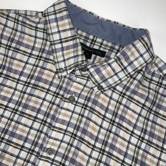 John Varvatos USA Windowpane Check Button Up Shirt Purple Black Tan Size XL - Picture 1 of 13